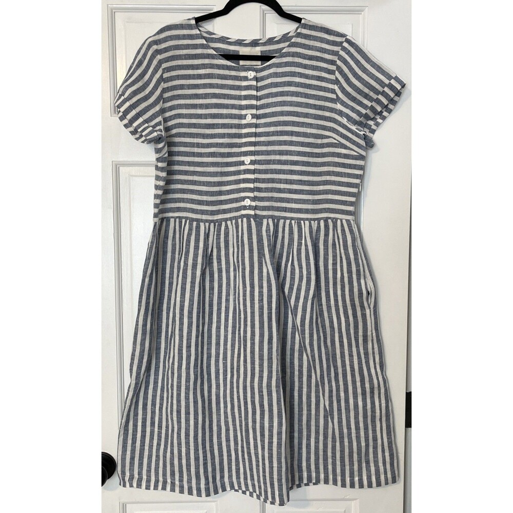 Striped Button-Front Midi Dress in Blue and White